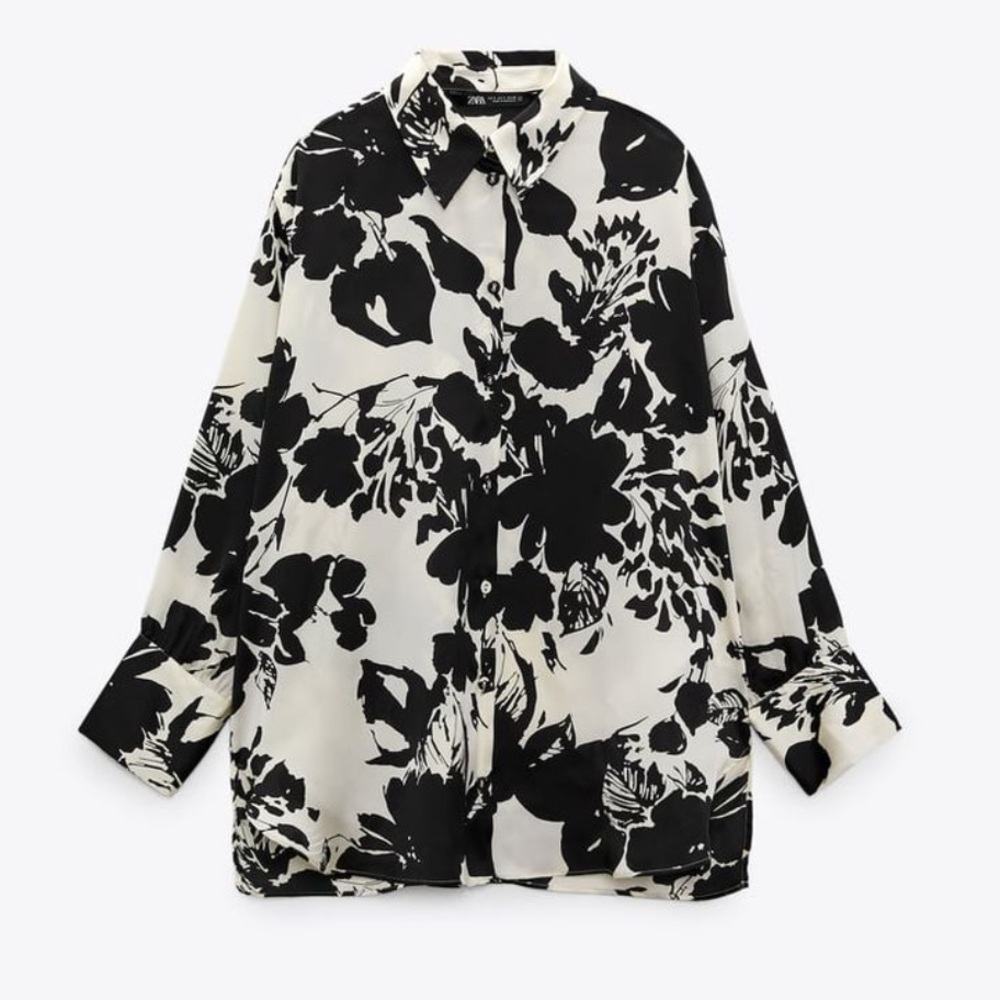 Zara satin oversized button down black & white‎ summer floral